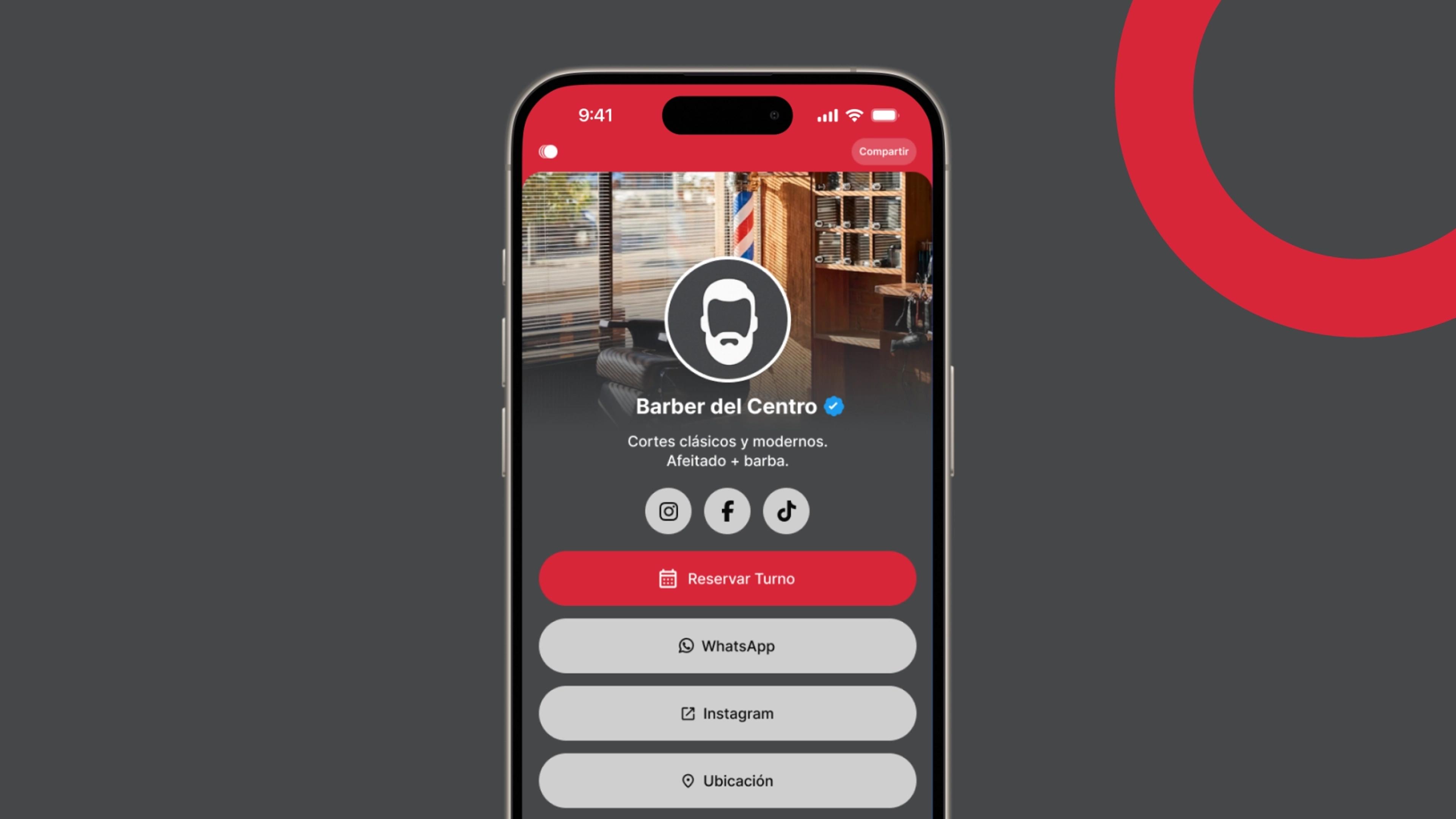 Ejemplo de Bioturno para barberías: perfil público para reservar turno