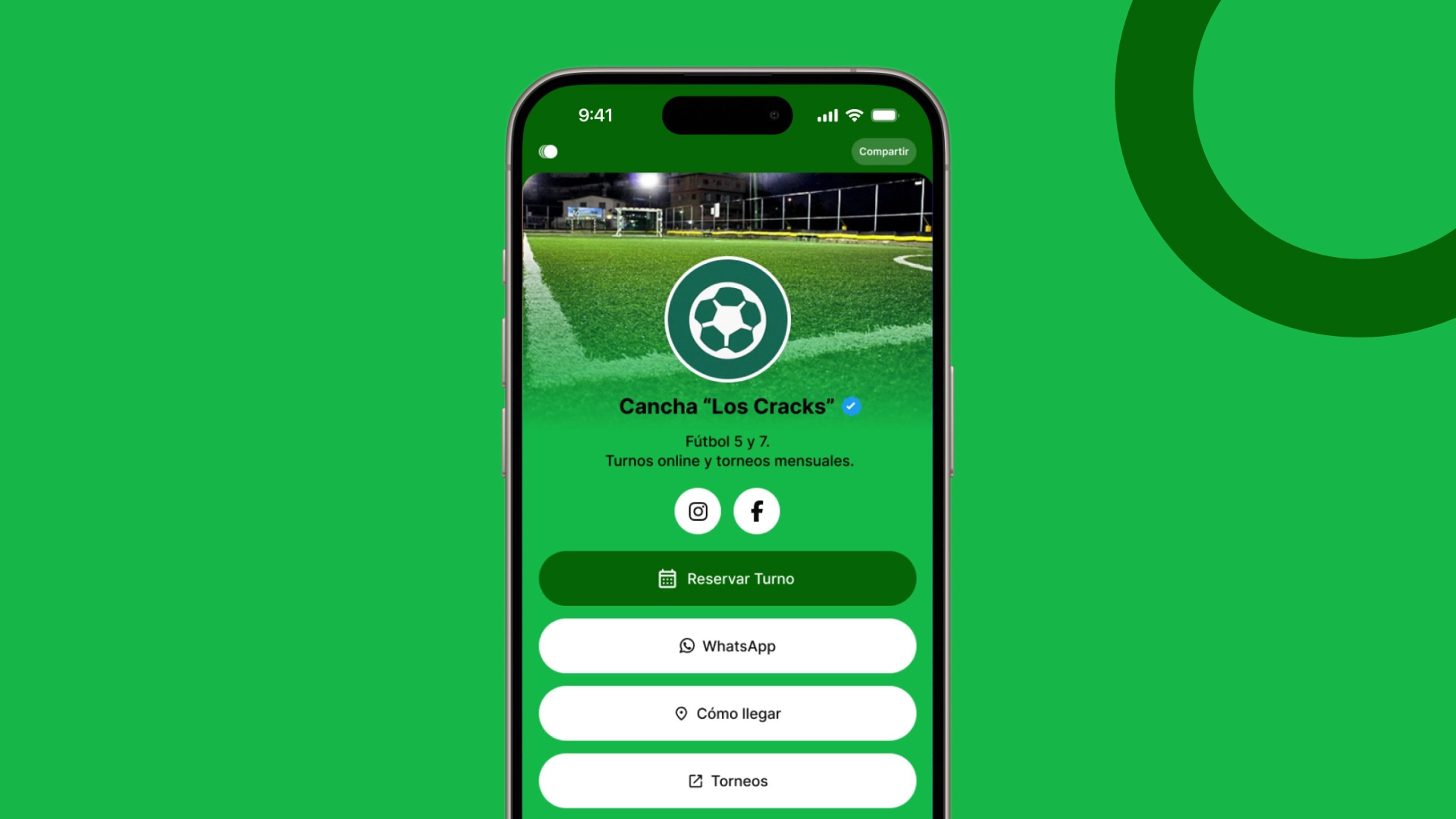 Ejemplo de Bioturno para canchas de fútbol: perfil público para reservar turno