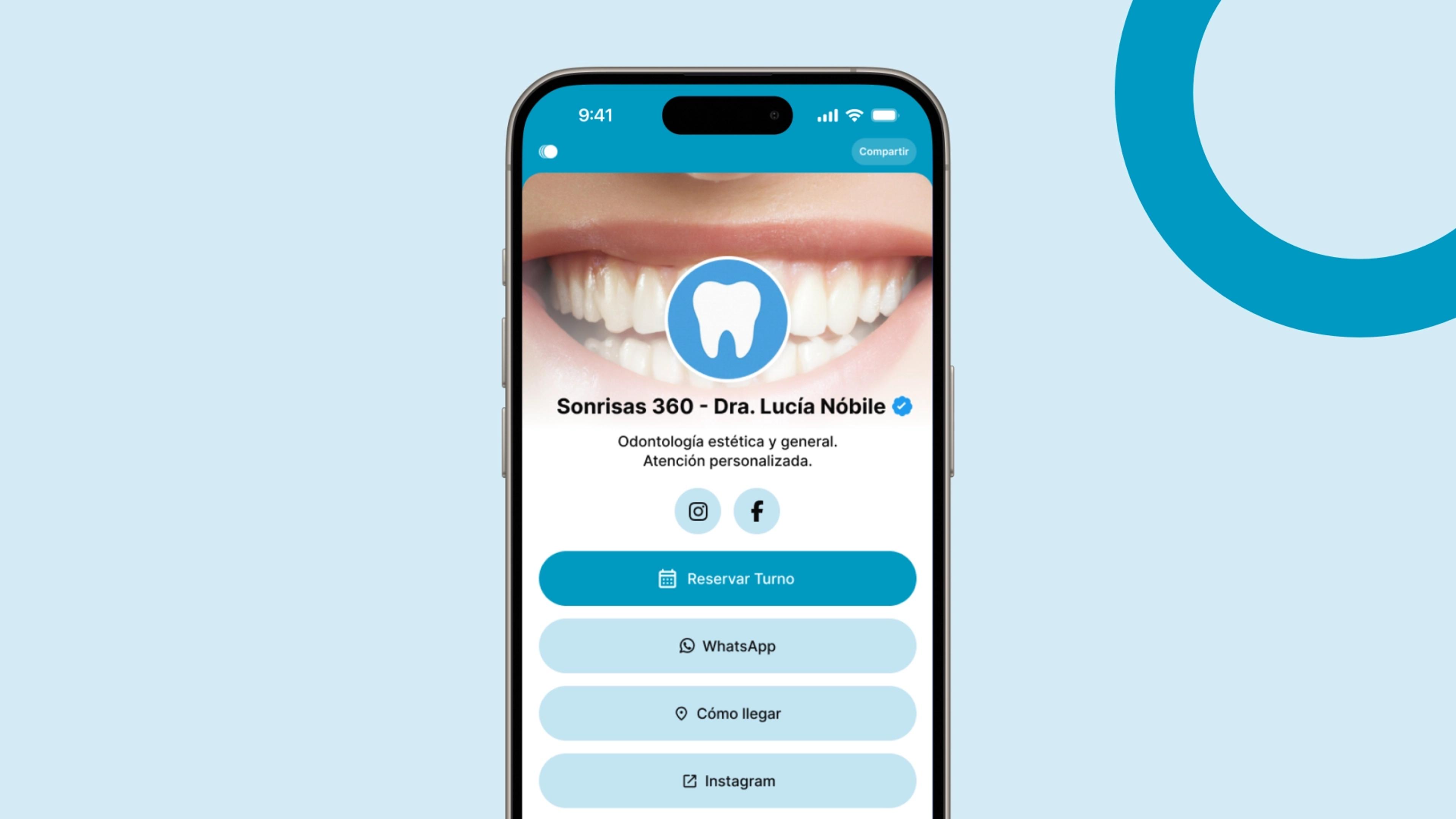 Ejemplo de Bioturno para odontólogos: perfil público para reservar turno