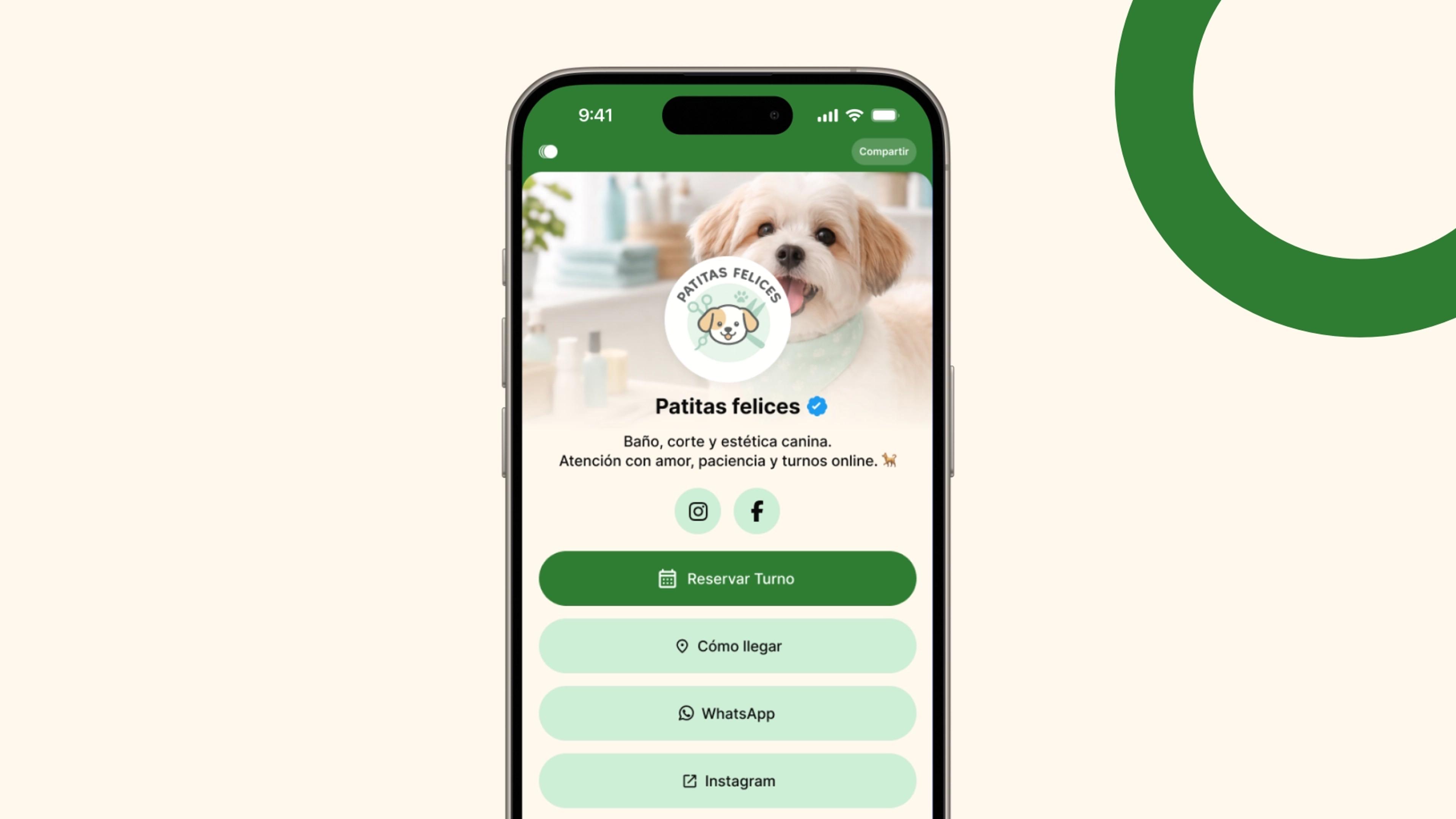 Ejemplo de Bioturno para peluquerías caninas: perfil público para reservar turno