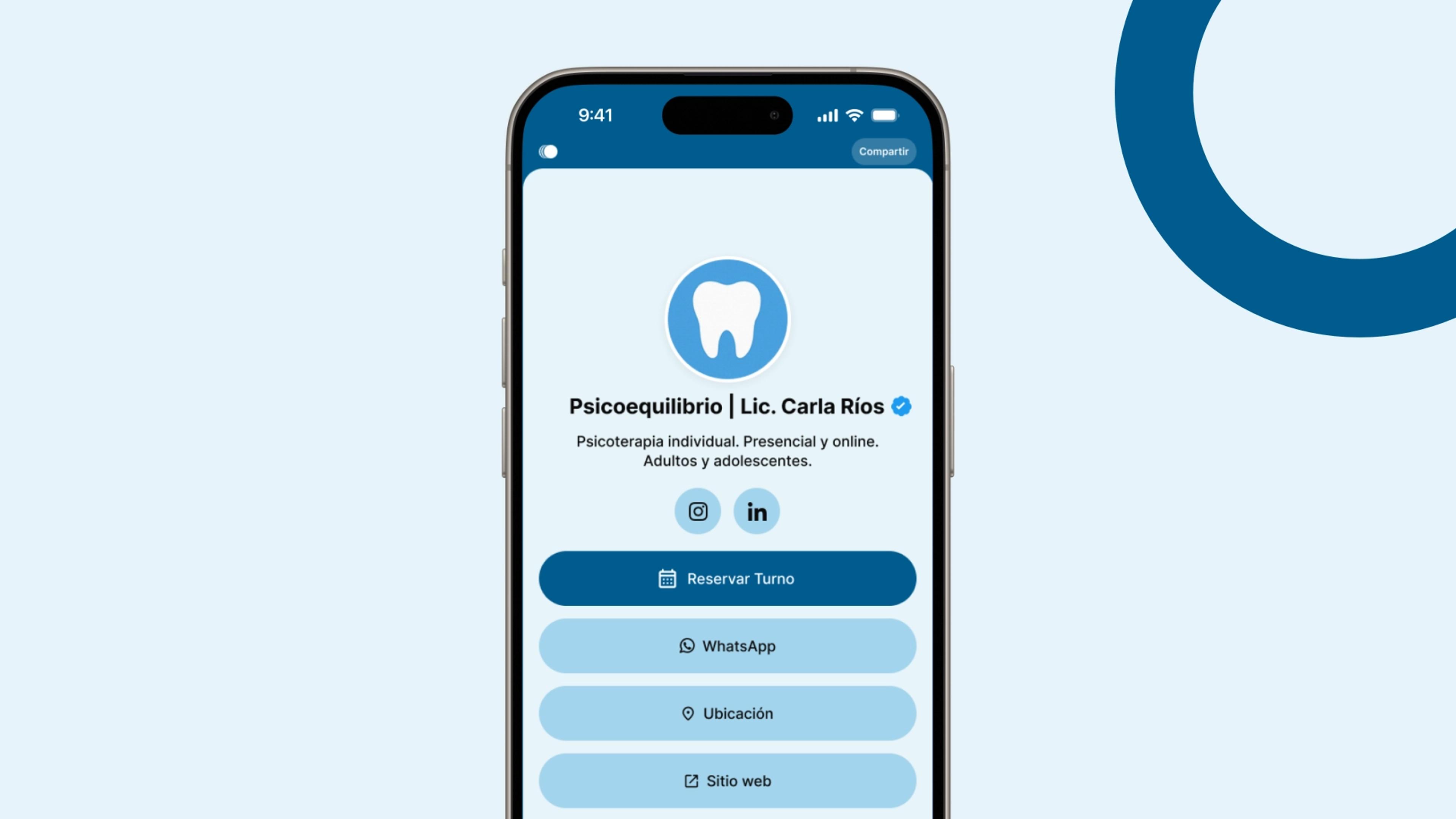 Ejemplo de Bioturno para psicólogos: perfil público para reservar turno