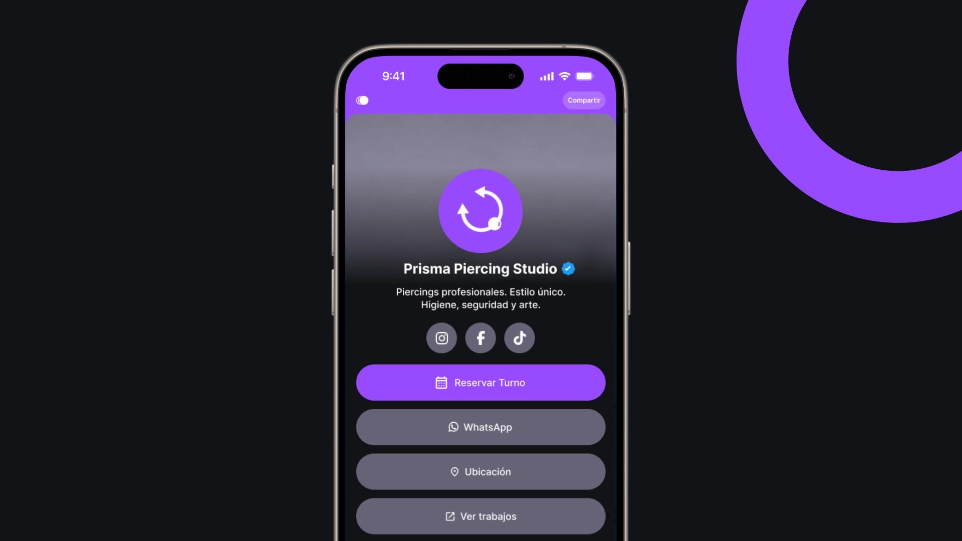 Ejemplo de Bioturno para estudios de piercing: perfil público para reservar turno