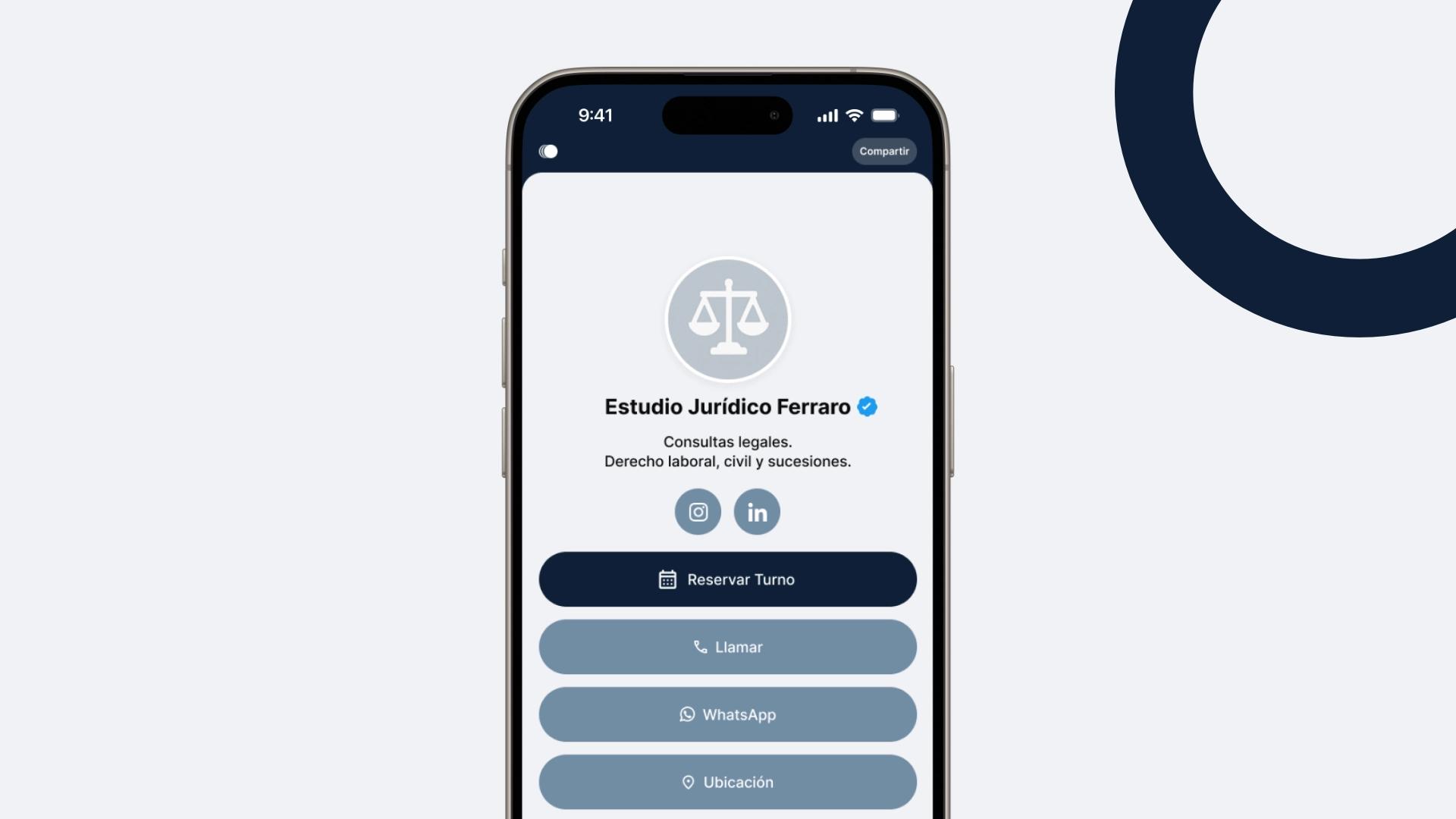 Ejemplo de Bioturno para estudios jurídicos: perfil público para reservar turno