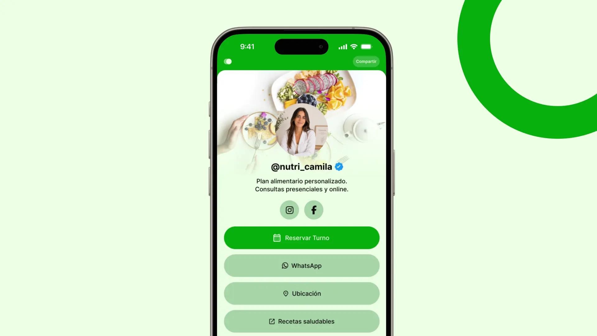 Ejemplo de Bioturno para nutricionistas: perfil público para reservar turno